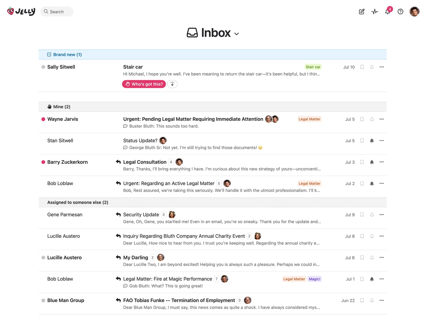 Jelly’s inbox: conversations grouped into Brand new, Mine and Assigned to someone else, with a “Who’s got this?” button on a new message
